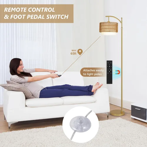 Miniatura 5 de Lámparas de pie doradas para sala de estar con control remoto y bombilla LED regulable, lámpara de pie de arco moderna con 3 temperaturas