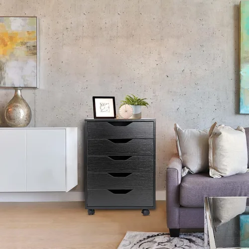 Miniatura 6 de ZENY Cómoda de 5 cajones, archivador móvil con ruedas, gabinete de almacenamiento para oficina en casa debajo del escritorio, cajones de Negro