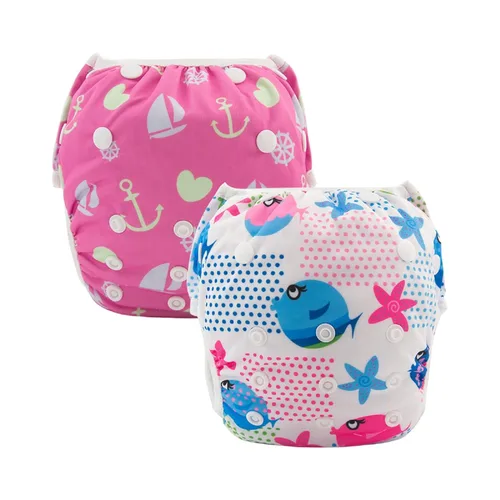 Miniatura 149 de Alva, Pañales de bebé para nadar, paquete de 2 unidades, talle único, reutilizable, lavable y ajustable de 0 a 36 meses. Tamaño de 10 a 40 lbs