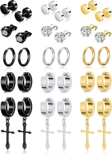 Juego de 15 pares de aretes colgantes de acero inoxidable con bisagras, aretes tipo dormilona con circonita cúbica para hombres y mujeres, joyería