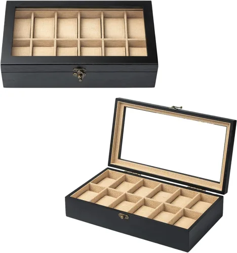 Miniatura 8 de Exper City Caja de reloj, caja de reloj para hombres y mujeres con tapa de vidrio grande, caja de almacenamiento de madera con 12 ranuras