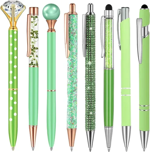 Miniatura 8 de Jxueych Juego de 8 bolígrafos, regalos de oficina del día de San Patricio, tinta negra, bolígrafo de diamante de cristal de metal con purpurina