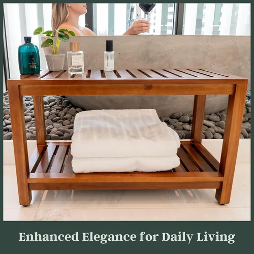Miniatura 8 de Banco de ducha de teca de 30 pulgadas – Banco de madera totalmente montado con estante, resistente al agua, pies ajustables antideslizantes – Spa