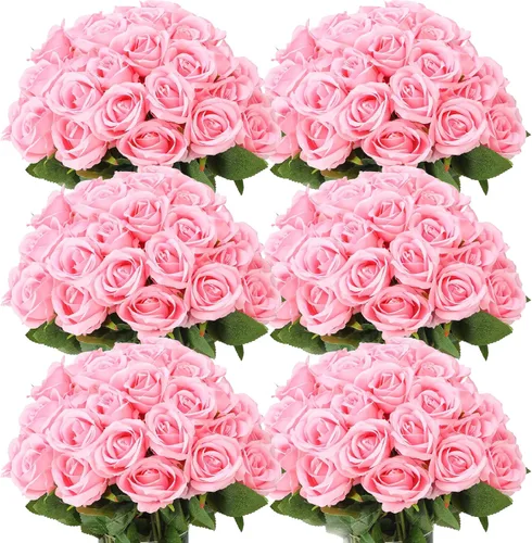 Miniatura 10 de Jexine 50 piezas de flores de rosa artificiales a granel realistas de seda falsa con tallo largo, ramo de flores artificiales de plástico de aspecto