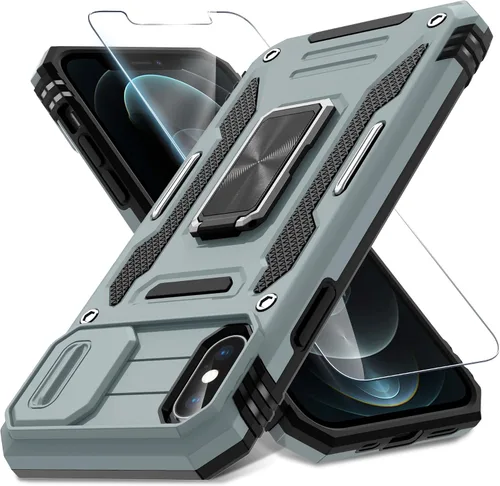 Miniatura 320 de DEERLAMN Funda para iPhone Xs Max con funda deslizante para cámara + protector de pantalla, soporte giratorio de anillo de grado militar a prueba