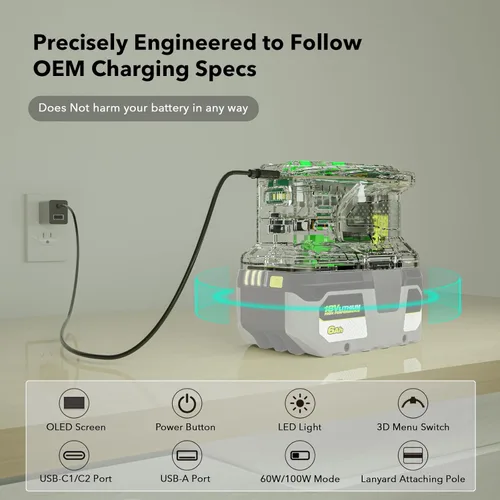 Miniatura 6 de SYMIK Cargador de 100 W y convertidor de fuente de alimentación de 145 W para baterías Ryobi de 18 V, cargador bidireccional avanzado con pantalla