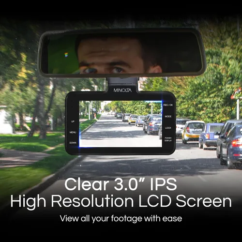 Miniatura 5 de Minolta Cámara de tablero de 1080p con sensor G, LCD de 3.0 pulgadas, lente gran angular de 120°, grabación en bucle, monitor de estacionamiento