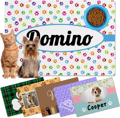 Alfombrillas personalizadas de piel sintética para comida y agua, antideslizante e impermeable para nombre/foto, tapete personalizado para