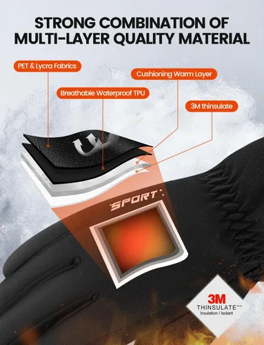 Miniatura 3 de Guantes de invierno impermeables y resistentes al viento para mujeres y hombres, guantes de clima frío con dedos para pantalla táctil, guantes