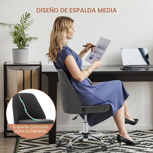 Miniatura 3 de DUMOS Silla de oficina, cómoda silla de escritorio rodante de tocador giratoria de trabajo con ruedas, asiento ancho, sin brazos, altura ajustable