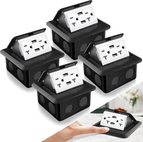 Miniatura 11 de Hoolerry Kit de 1 caja de cubierta de toma de corriente eléctrica de piso desplegable con cargador USB de 4.8 A, 20 amperios, impermeable