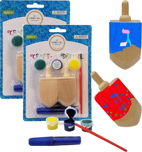 Miniatura 6 de The Dreidel Company Craft-A-Dreidel, crea tu propia personalización, el kit incluye 2 Dreidels de madera, 3 colores, 1 cepillo, 1 purpurina