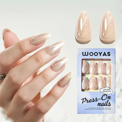 Miniatura 10 de Uñas postizas a presión de color almendra mediana, color dorado champán, brillante, kit de puntas de uñas postizas con mini lima de uñas, ajuste