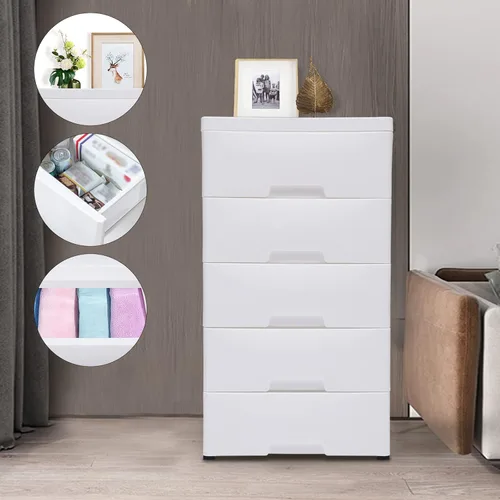 Miniatura 6 de Cajones de 5 capas con cerradura, cajonera con rueda universal desmontable, cómoda de almacenamiento de polipropileno para armario, dormitorio
