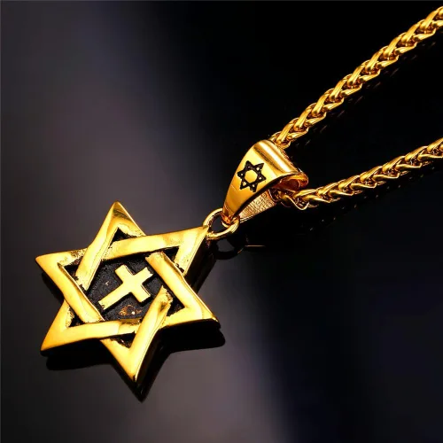 Miniatura 149 de U7 - Collar con Estrella de David para hombres y mujeres, dije hexagonal de acero inoxidable con cruz/piedra de rubí/collares clásicos judíos