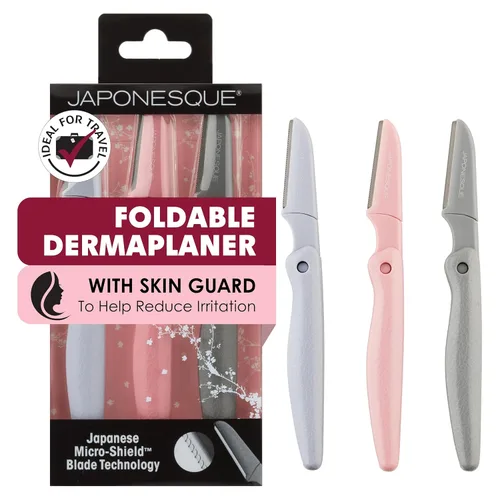 JAPONESQUE Maquinillas de afeitar faciales plegables Dermaplaner - Juego de 3 piezas, kit de maquinilla de afeitar para cejas y cabello facial - Una