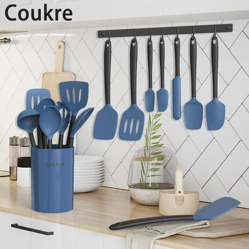 Miniatura 6 de Coukre Juego de utensilios de cocina de silicona con soporte, resistentes al calor, herramientas de cocina de grado alimenticio, espátula, cuchara