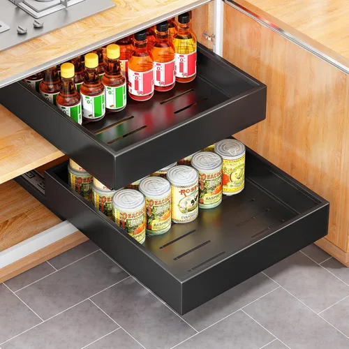 Organizador de gabinete extraíble, 21 pulgadas de profundidad, cajones deslizantes de extensión completa para armarios de cocina con nano adhesivo,