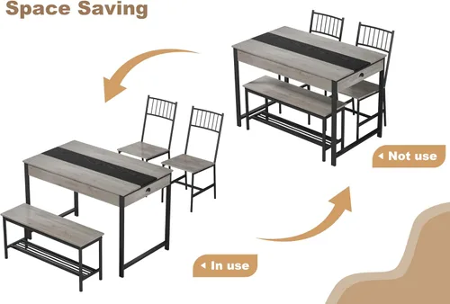 Miniatura 5 de IDEALHOUSE Juego de mesa de comedor para 4 personas, mesa de cocina pequeña y 2 sillas para 4 con banco, juego de mesa rectangular de granja de Gris