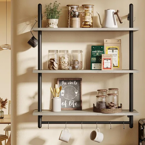 Miniatura 7 de Bestier Estantería Industrial de Tubería de 3 Niveles, Estantes Flotantes para Libros para Pared, Estantes Colgantes de Almacenamiento con Barra Gris