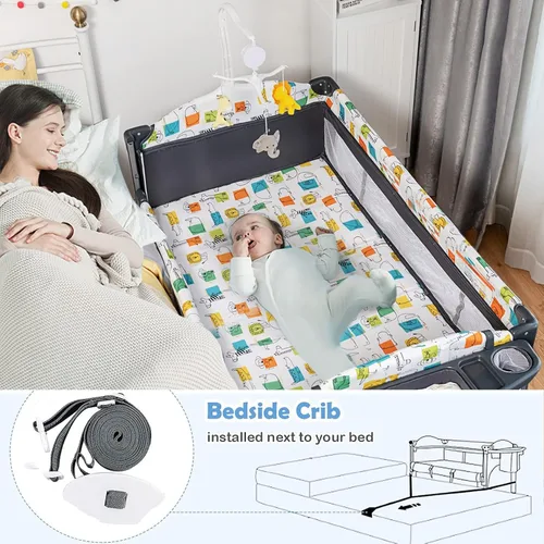 Miniatura 6 de BABY JOY Paquete y juego 5 en 1, cama de noche para bebé con moisés, cuna multifunción para recién nacidos hasta niños pequeños, cambiador de Gris