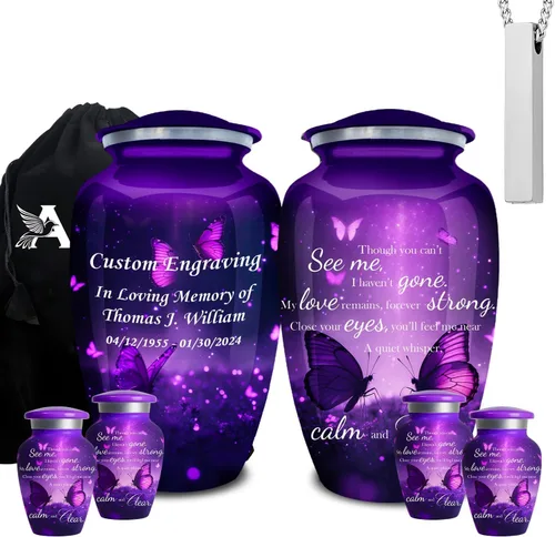 Miniatura 15 de Juego de 6 urnas funerarias decorativas negras y doradas personalizadas/grabadas para cenizas humanas, hombres y mujeres, con 1 urna grande