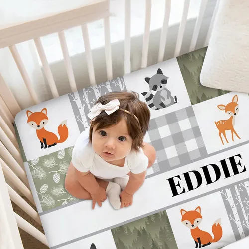 Miniatura 2 de Juego de ropa de cama de animales del bosque, ropa de cama personalizada de 2 piezas para cuna para bebé niña o niño, incluye sábana bajera