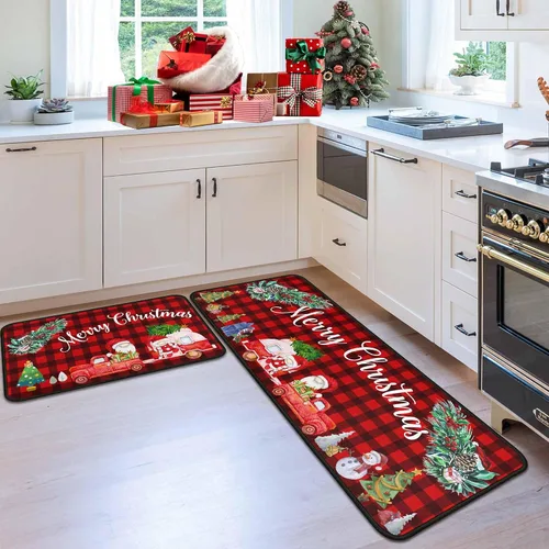 Miniatura 3 de 2 piezas de alfombras y tapetes de cocina de Navidad para el suelo con respaldo antideslizante, decoración de cocina de Navidad feliz, juego