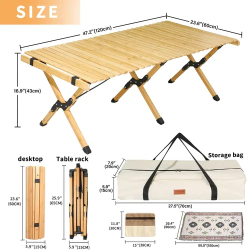 Miniatura 2 de Mesa plegable portátil, mesa de bambú de 4 pies para acampar al aire libre, mesa de picnic baja para sentarse en el suelo, mesa plegable de playa