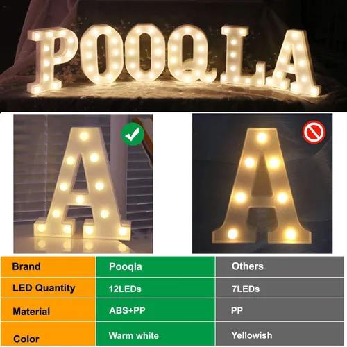 Miniatura 7 de Pooqla - Anuncio de letras del alfabeto con luces LED para decoración de bodas, cumpleaños, fiestas, Navidad, hogar, bar