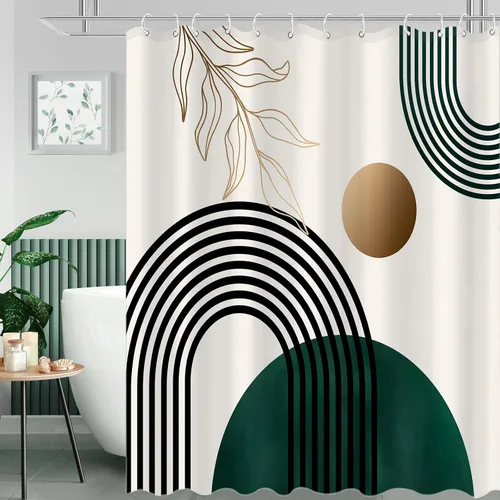 Miniatura 2 de Aipon Cortina de ducha verde de mediados de siglo para baño, cortina de ducha abstracta bohemia de tela moderna impermeable (72 x 72 pulgadas, verde)