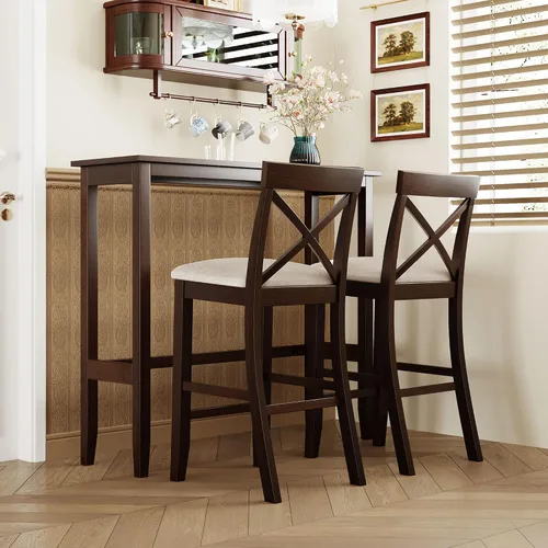 Miniatura 8 de P PURLOVE Juego de mesa de bar de 3 piezas, mesa de comedor de cocina rústica de altura de barra para 2, mesa de comedor rectangular con 2 sillas