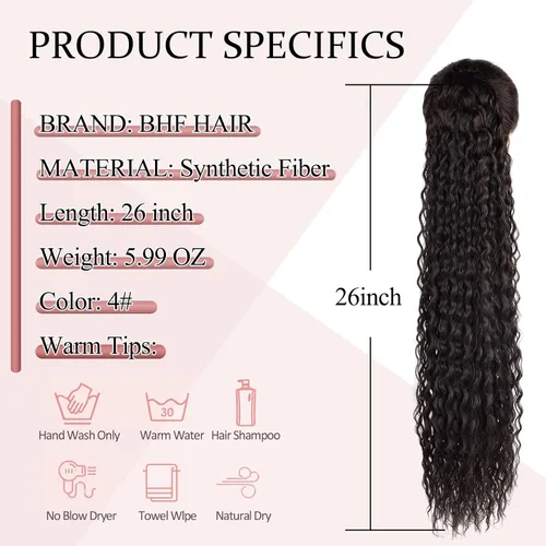 Miniatura 2 de Extensión de cola de caballo larga con cordón sintético de 26 pulgadas, moño rizado 4# Clip en extensión de pelo para mujer