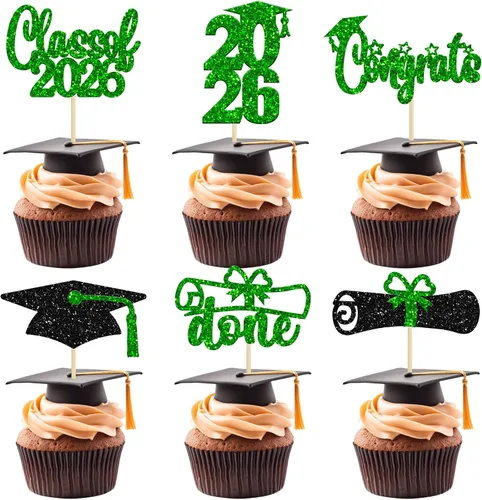 Paquete de 24 adornos para cupcakes de clase 2026 con purpurina 2026 Felicidades Graduación Diploma Done Cupcake Picks 2026 Graduación Temática