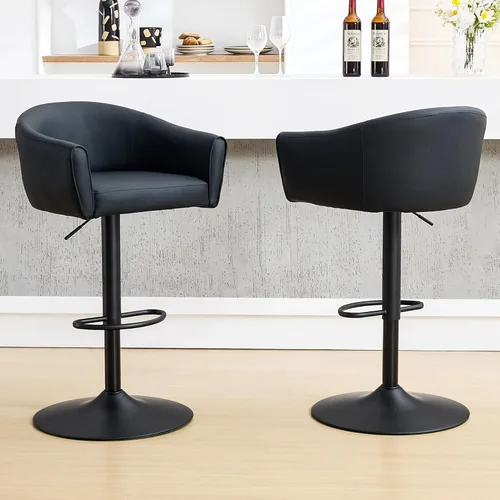 Miniatura 16 de FIRAVOE Juego de 2 taburetes de bar, taburetes de bar giratorios con respaldo y brazos, silla de bar ajustable de piel sintética de 24 a 34