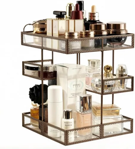 Miniatura 2 de Organizador de maquillaje de vidrio giratorio 360, almacenamiento de cosméticos giratorio con compartimentos multicapa, soporte de maquillaje Latón