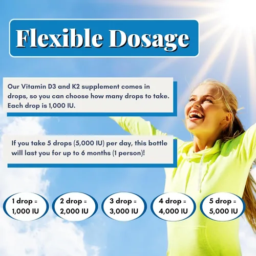 Miniatura 3 de Gotas líquidas de vitamina D3 K2 – Vitamina D3 5000 UI, gotas de vitamina D para adultos, sin rellenos, sin OMG, sin sabor, vitamina D3 líquida