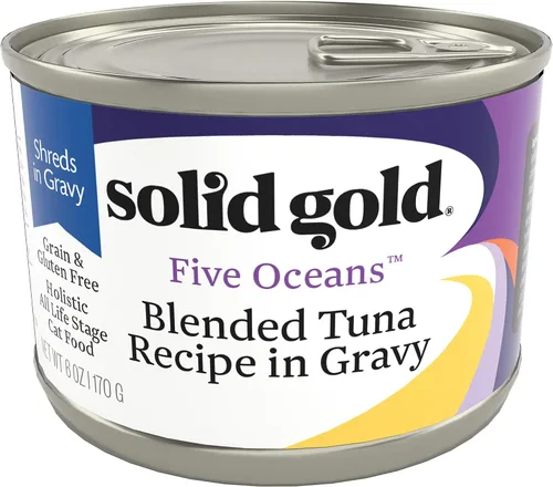Miniatura 4 de Solid Gold comida húmeda para gatos desmenuzada con salsa - Alimento enlatado para gatos hecho con atún real - Sin granos de los Cinco Océanos