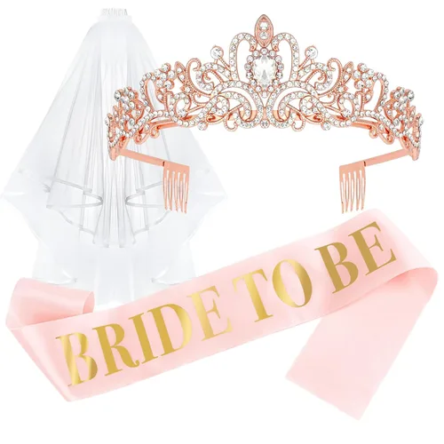 Miniatura 8 de CIEHER Corona de oro rosa + banda de novia + velo de boda para despedida de soltera, decoraciones de despedida de soltera, banda de despedida