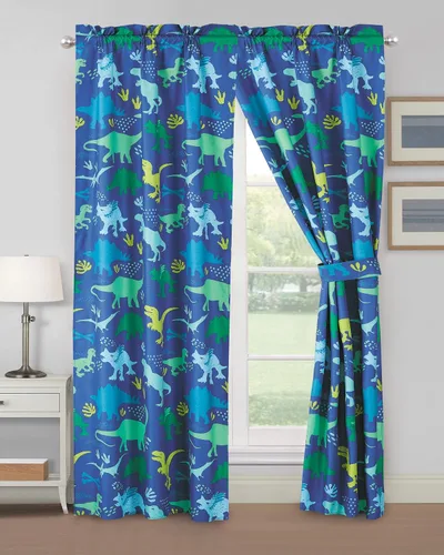 WPM WORLD PRODUCTS MART Cortina con estampado de dinosaurio azul y verde para dormitorio de niños y niñas, 4 piezas, cortina temática de selva azul