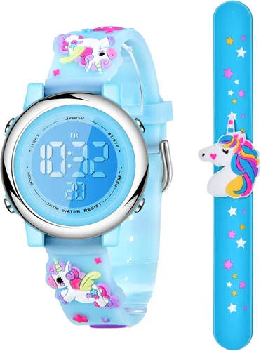 2 Pieces Kids Unicorn Watch Toddler Watch and Silicone Wristband Cute 3D Kids Digital Watch Waterproof 7 Color Lights Watch with Alarm Stopwatch