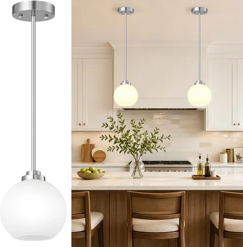 Miniatura 11 de Paquete de 2 luces colgantes de vidrio ajustable de 22 a 50 pulgadas de altura para isla de cocina, luces colgantes de globo dorado cepillado