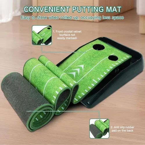 Miniatura 2 de Losbenco Putting Green - Juego de golf para interiores con putter y 6 bolas, tapete de práctica de golf portátil con sistema de retorno automático