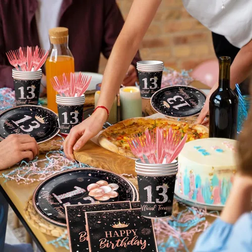 Miniatura 4 de 142 piezas de vajilla de cumpleaños de 13 años para niñas, suministros de fiesta de cumpleaños de color oro rosa para ella, mantel desechable