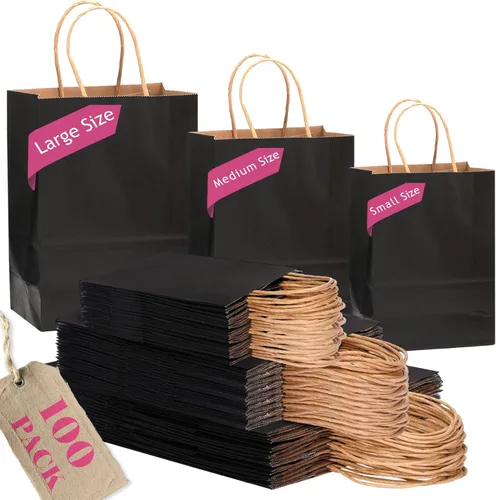 qiqee Paquete de 100 bolsas de regalo de papel negro con asas a granel de varios tamaños (33 piezas grandes de 13 pulgadas, 33 piezas medianas de 11