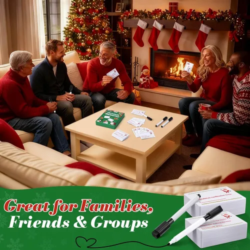 Miniatura 6 de Juego de cartas de Navidad para noche de juegos familiares, 120 tarjetas con 10 marcadores de borrado en seco, divertidos juegos de mesa para grupos