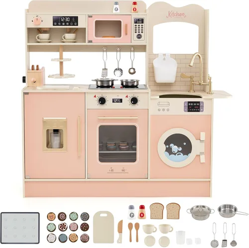 Costzon Juego de cocina para niños, juego de madera para niños pequeños con luces y sonidos reales, grifo, horno de microondas, cafetera y tostadora