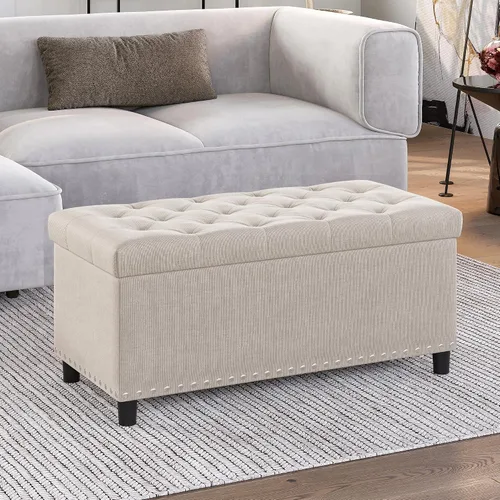 Miniatura 2 de BELLEZE Otomana de almacenamiento, otomana copetuda con bisagra de cierre, reposapiés para sala de estar (beige, 31 pulgadas)