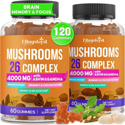 Gomitas de hongos para adultos de 4000 mg, suplementos cerebrales para memoria y concentración, complejo de suplementos de hongos 26 en 1 con