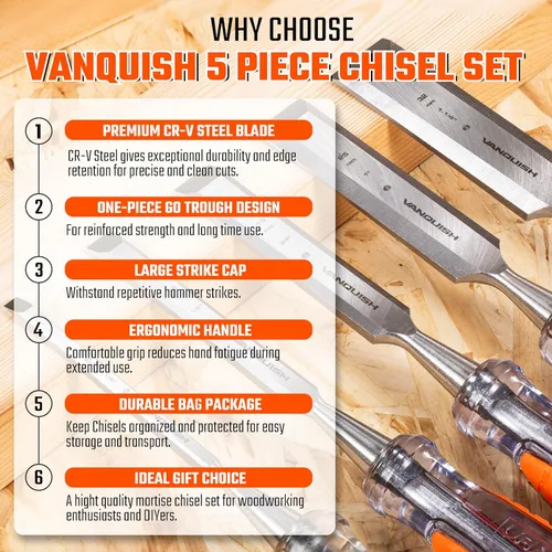 Miniatura 8 de VANQUISH Juego de cinceles de madera de alto impacto de 5 piezas con bolsa de almacenamiento para tallado de carpintería (4609)
